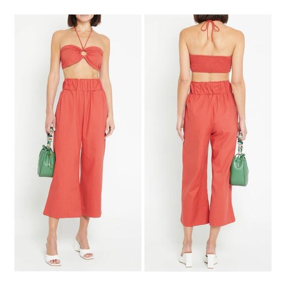 NWOT KOURT Chrishell Set Halter Smocked Crop Top Pull-On Wide Leg Pant Linen - L - Picture 1 of 16